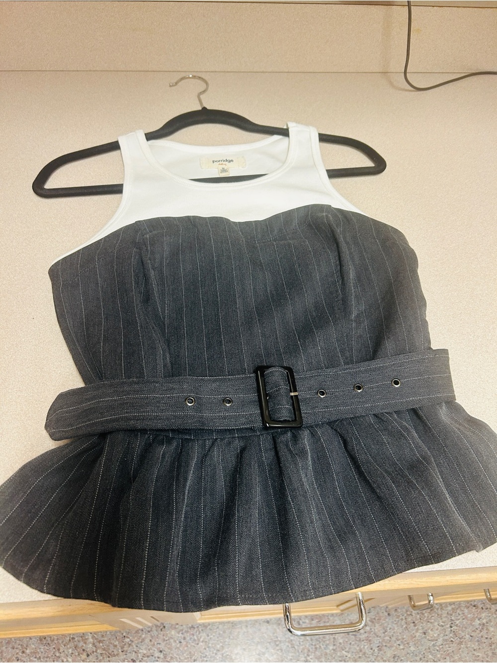 Anthro Porridge Grey Pinstripe Belted Peplum Tank Top -
